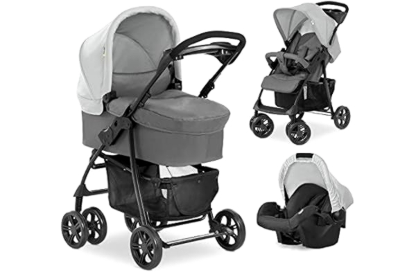Hauck  Pushchair Travel System Shopper Trio Set / Up to 25 Kg / Pram with Mattress / Infant Car Seat / Easy Folding / Fully Reclining / Cup Holder Tray / Sun Hood / Large Basket / Grey