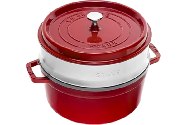 Staub  1004352 Cast Iron Roaster/Cocotte, With Steam Insert, Round 26 cm, 5.2 L, With Matte Black Enamel Inside the Pot, Cherry Red