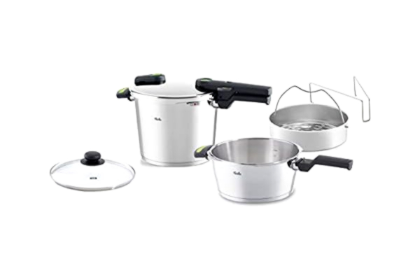 Fissler  Vitaquick Green Pressure Cooker Set 5 Pieces (6 L - Diameter 22 cm & Pressure Frying Pan 3.5 L - Diameter 22 cm) Including Metal Lid / Glass Lid / Induction Insert, Silver, 600-350-13-090/0