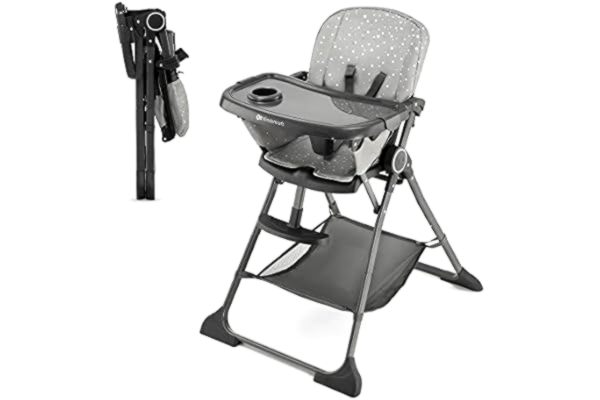 KinderKraft Kinderkraft FOLDEE Hög barnstol, barnmatstol, ergonomisk, bekväm, lutning, hopfällbar, justerbar fotstöd, avtagbar dubbelbricka, för småbarn, från 6 månader till 3 år, Grå