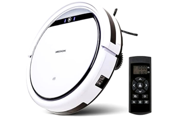 Medion  robot odkurzający ze stacją ładującą i systemową nawigacją (żyroskop), 90 minut czasu pracy - do twardych posadzek, dywanów, płytek, laminatu. Odkurza sierść zwierząt, bezpośrednie zasysanie, standardowa nawigacja, biały