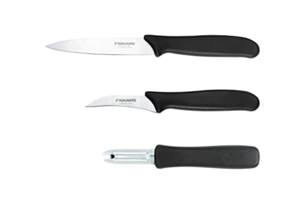 Fiskars  skalningsset, 3 delar, skalkniv (11 cm blad), grönsakskniv (7 cm blad), skalare (7 cm blad), Essential, rostfritt stål / PP-plast, svart, 1065600