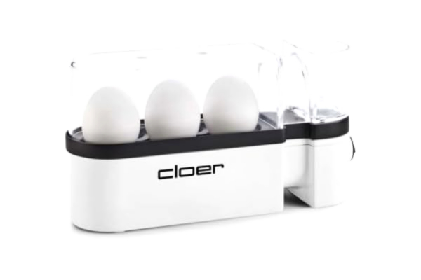 Cloer  6021 Elektronisk äggkokare för upp till 3 ägg, avtagbar äggbricka, akustiskt redo meddelande, 300 W, vit