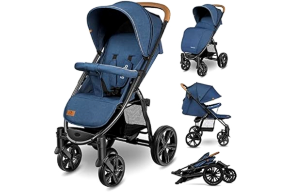 Lionelo LIONELO Annet Plus poussette bebe à 22 kg, auvent avec fenêtre, roues EVA, chancelière moustiquaire porte-gobelet, réglage du dossier jusqu’à la position couchée (Bleu, PLUS)