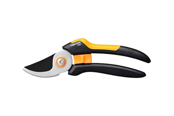 Fiskars  Bypass Garden Pruners M, Solid, P321, For fresh branches and twigs, Non-stick coated, Stainless steel blades, Length: 20.1 cm, Black/Orange, 1057162