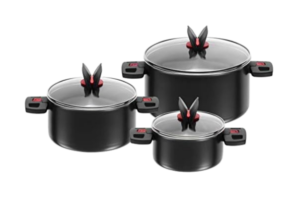 Ballarini BALLARINI Topfset, 3-tlg., Inkl. 3 Glasdeckel, Antihaftbeschichtet, Aluminium/Kunststoff-Griffe, Click & Cook, Schwarz