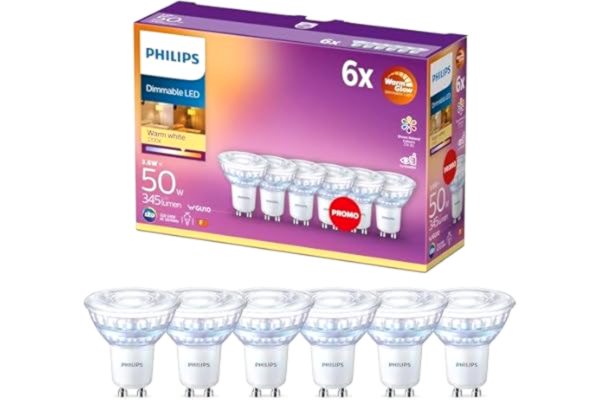 Philips  Classic LED-ljuskälla, 50W, GU10, C90, varmvitt ljus, Warm Glow, 2000-2700 kelvin, 15 000 timmar, dimbar, 6-pack
