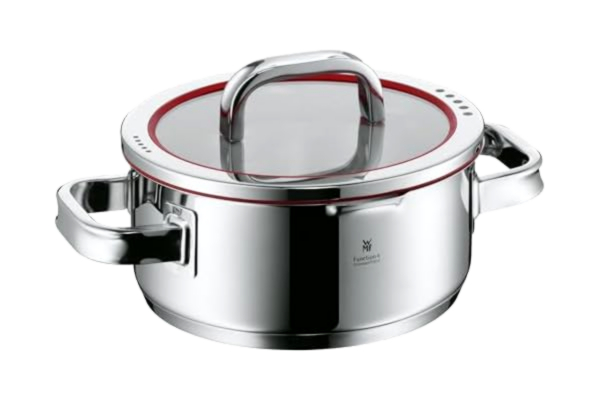 WMF  Cookware Ø 20 cm Approx. 2,5L Function 4 Inside Scaling Lid - Pour Off or Decant Liquids without Spilling to Keep Your Dishes and Cooker Clean. Made in Germany Hollow Side Handles Glass Lid Cromargan® Stainless Steel Brushed Suitabl