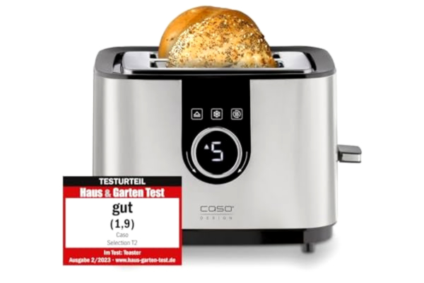 Caso CASO Urval T 2 – Designbrödrost, rostfritt stålhölje, optimal rostningsgrad i 7 steg, inklusive brödfäste, med extra uppvärmnings-, upptiningsfunktion, för 2 skivor rostat bröd