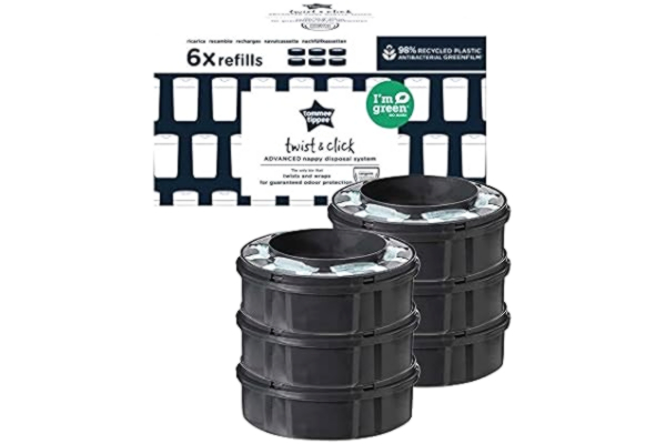 Tommee Tippee  Twist & Click Advanced, Wkłady wymienne do kosza na zużyte pieluchy, z antybakteryjnej folii GREENFILM pozyskanej ze zrównoważonego źródła; 6 X Wkłady do kosza na pieluchy