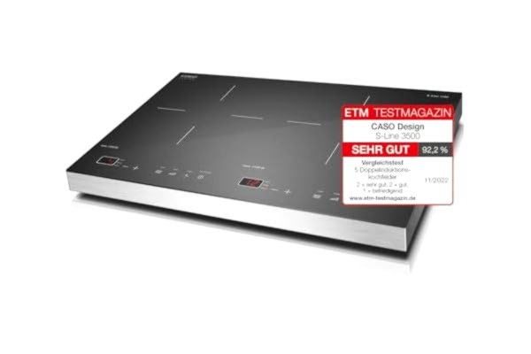 Caso CASO S-Line 3500 – Mobil dubbel induktionshäll, max. 3500 W, temperatur 60–240 °C, kokplatta med timer, 12 effektnivåer, hölje i rostfritt stål, för kastrullstorlekar upp till 22 cm