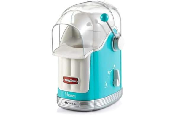 Ariete  2958 Pop Corn Maker Party Time, popcornmaskin med spak, 1100 watt, kapacitet 600 g, fettfri varmluftsbränning, himmelsblå