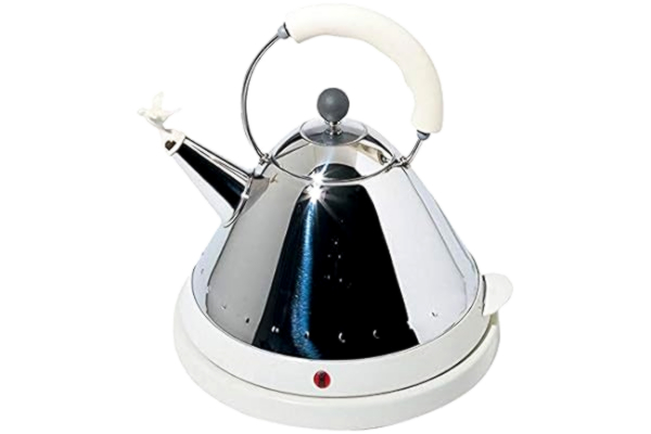 Alessi  MG32 W Cordless electric kettle in 18/10 stainless steel mirror polished with handle and base in thermoplastic resin, white. European plug