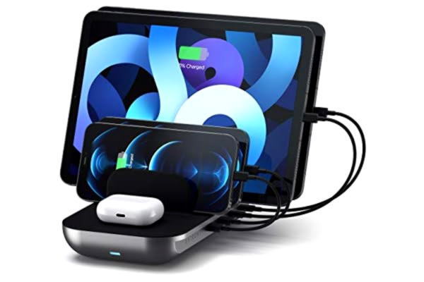 Satechi  Dock5 Laddningsstation för Flera Enheter med Trådlös Laddning – Kablar Säljs Separat – Kompatibel med 2022 iPad Air M2, 2021 iPad Pro M1, 2020 iPad Air, iPhone 13 Pro Max/13 Pro/13 Mini/13