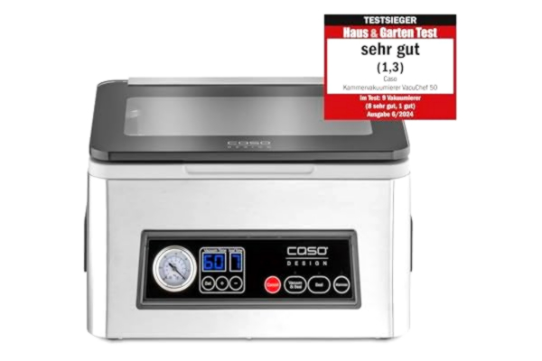 Caso CASO VacuChef 50 – kammarvakuumtätare av rostfritt stål, 70 l/min, 4 kammarvolym, dubbel svetssöm (2 mm), marineringsfunktion, inkl. 30 förseglingskant, reservtätning och vakuumslang, 1416