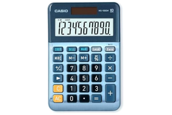 Casio CASIO Bordsräknare MS-100EM, 10-siffrig, valutkonvertering, kost/sell/margin, aluminiumfront, sol-/batteridrift