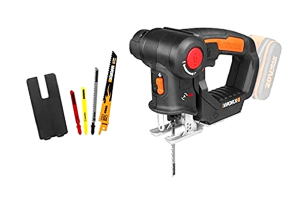 Worx WORX WX550.9 wyrzynarka do cięcia drewna, stali i PCW – piła uniwersalna 2 w 1 z wyrzynarką i szablastyczną i szybką zmianą – 20 V – z dmuchawą i skok wahadłowy – bez akumulatora i ładowarki
