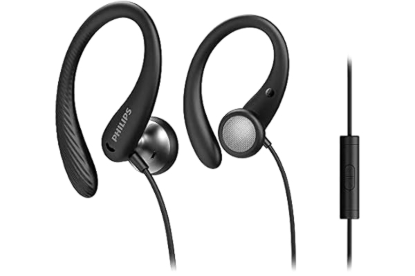 Philips  A1105BK/00 In-Ear-Sport-Hörlurar med Mikrofon (Flexibel Öronkrok, Baskanaler, IPX2-svettåliga, Säker Passform, Inbyggd Fjärrkontroll) Svart - 2020/2021 Modell