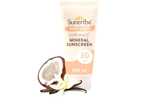 Suntribe  Baby & Kids Natural Mineral Sunscreen SPF 30/100 ml, Skonsam, Parfymfri, Ekologisk Barnsolkräm - 100% Naturlig, Icke-Nano Zinkoxid - "Best Mineral Sunscreen 2023" (The Independent)