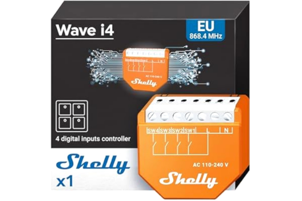 Shelly  Wave i4 – Z-Wave Smart hemkontroller med 4 ingångar (110–240 V AC), Upp till 12 klickfunktioner, Fjärrstyrning av scener & enheter, Z-Wave-gateway krävs