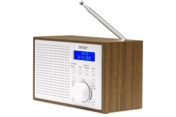 Denver  DAB-46 DAB+ och FM-radio, klocka och väckarklocka, 2 W ljudutgång, träfinish, vit, 1954043