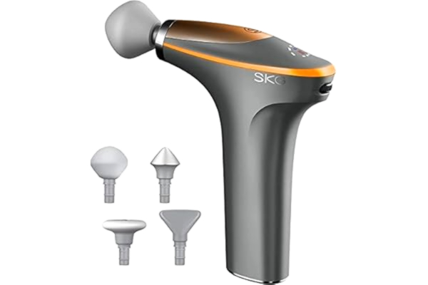 SKG  F7-EN-GRAY massagepistol – elektrisk handmassageapparat med värmefunktion, för nacke, axlar, rygg, inkl. 4 utbytbara massagehuvuden, 5 intensitetsnivåer, grå