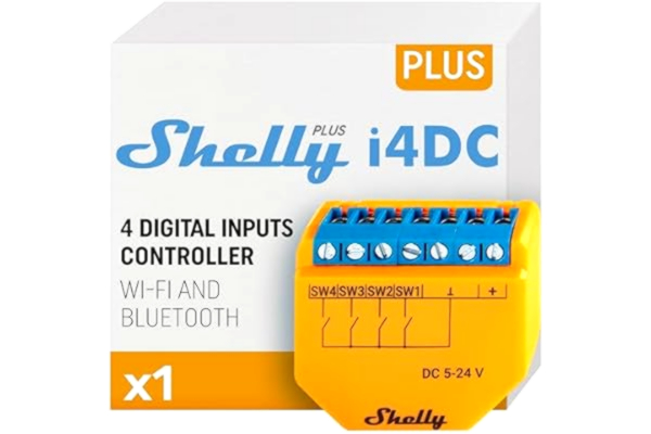 Shelly  Plus i4 DC – Wi-Fi-Styrmodul med 4 ingångar, 5–24 VDC, Fjärrstyrning av smarta enheter, Scheman och smarta scener, iOS- och Android-app