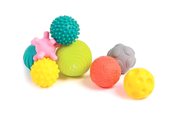 Ludi Uppsättning av 8 uppvakningsbollar | Ludi | blandade sensoriska stimuleringsbollar | olika former och färger | mjuk plast | Från 6 månader