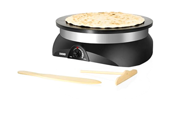 Unold  48155 Crepesmaker Profi – 1 250 watt, non-stick beläggning, tryckgjutna aluminiumplattor, steglös temperaturregulator, med degfördelare och spatel av trä