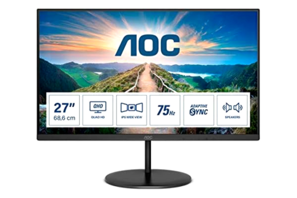 AOC  Q27V4EA - 27 Inch QHD Monitor, 75Hz, 4ms, IPS, Adaptive Sync, Speakers, FlickerFree (2560x1440 @ 75Hz, 250cd/m², HDMI 1.4 x 1, DisplayPort 1.2 x 1 )
