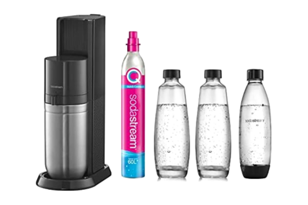SodaStream sodastream Pack Machine à Eau Pétillante et Soda 2 en 1 Duo Noire, 2 carafes en Verre Duo 1L, 1 bouteille Fuse 1L Lave Vaisselle et 1 Cylindre de CO2 60L Quick Connect à Clipser [Amazon Exclusive]