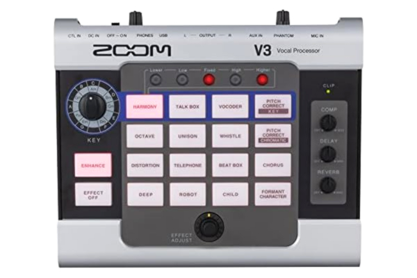 Zoom ZOOM V3 Vocal Processor – Effektapparat för förbättring av sång, röster och tal, för inspelning och streaming, podcast, videor och innehållsoptimering, svart & silver