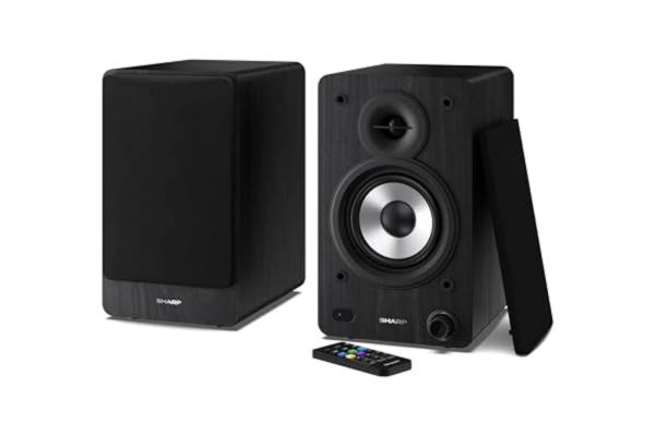 Sharp SHARP CP-SS30(BK) 60 W RMS (2 x 30 W) 2-vägs aktiva hyllhögtalare – trådlösa studiomonitorer med Bluetooth v5.0 ljudstreaming, USB-uppspelning, optisk ingång, AUX- och RCA-ingång – svart