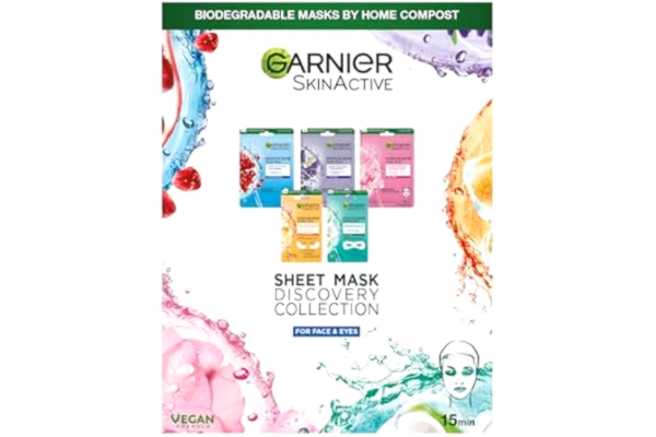 Garnier  Sheet Mask Discovery Collection, ansikte & ögon ark masker för uttorkad, matt och trött hud, med hyaluronsyra och glycerin, hud aktiv, paket med 5