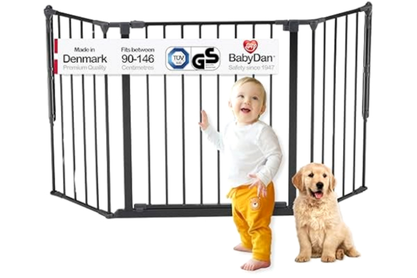 BabyDan  Flex M, 90–146 cm, trappskyddsgaller/rumsavdelare, svart, tillverkad i Denmark – babygaller/skyddsgaller (husdjursskyddsgaller/hundavspärrningsgaller/hundstall)