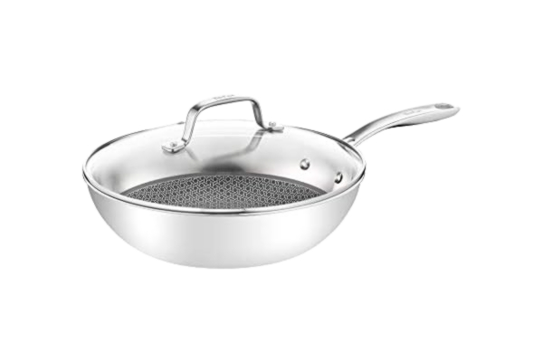 Tefal  E49716 Eternal Mesh Wok Pan, 28 cm, with Scratch-Resistant Mesh Coating, PFOA Suitable for All Hob Types, Including Induction Hobs, Including Glass Lid, Stainless Steel