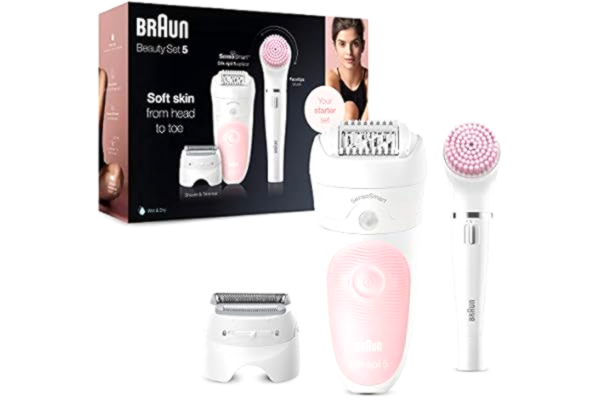 Braun  Silk-épil 5 Epilator Beauty Set, Epileerapparaat, Scrubborstel, Gezichtsborstel en Gezichtsreiniger in 1, Ontharing Voor Vrouwen, Dames Epilady, 5-895, Wit/Roze