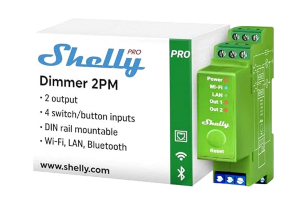 Shelly  Pro Dimmer 2PM – WiFi- & LAN-Тrådlös ljusdimmer på DIN-skena, 2 kanaler (x 200 W) 110-240 V, med Strömmätare, Kompatibel med Halogen & LED- lampror, Alexa & Google Home, App för iOS & Android