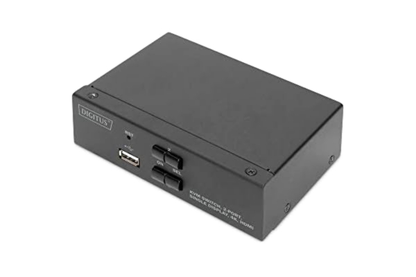 Digitus DIGITUS KVM Switch HDMI – 2 portar med enkel bildskärm – 2 datorer 1 bildskärm – 1x mus, tangentbord och ljud för 2 datorer – UHD 4K@30Hz (3840 x 2160p) – Hot-Key KVM Switch – 1x USB 2.0 Hub – Svart