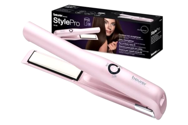 Beurer  HS 20 trådlös plattång med USB-laddning, tre temperaturnivåer och snabb uppvärmning, ideal för resor, rosa