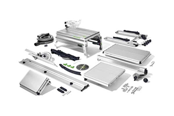 Festool  bordssåg CS 50 EBG-set PRECISIO (med cirkelsågblad, vinkelstopp, längdstopp, skjutbord, bordsförlängning, sugset, skjutstång, tillbehörsgarage, stöd med transportrulle)