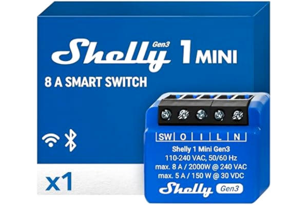 Shelly  1 Mini Gen3 – Smart hem WiFi-strömbrytare med Torrkontakt, 1 kanal 8 A, Fjärrkontroll för garagedörr, Alexa & Google Home-kompatibel, Ingen hubb krävs, Shelly-app