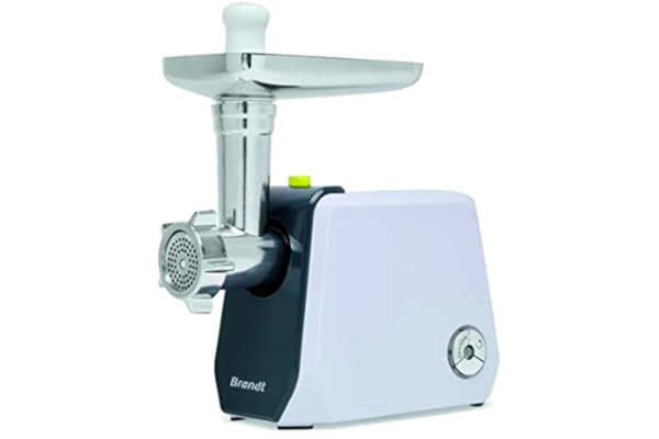 Brandt  HAC1200BG - Hachoir à Viande Électrique - 1200W - 3 Disques en Acier Inoxydable - 2Kg/min - Plateau Hachoir - Double Lame - Accessoires pour Kebbés Maison et Saucisses - Gris et Blanc