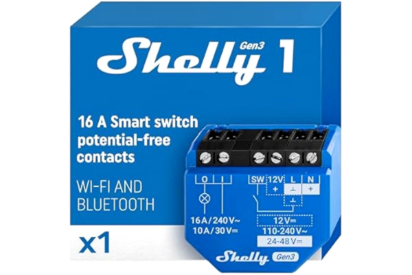 Shelly  1 Gen3 – Smart hem WiFi-strömbrytare med Torrkontakt, 1 kanal 16 A, Fjärrkontroll för garagedörr, Alexa & Google Home-kompatibel, Ingen hubb krävs, Shelly-app