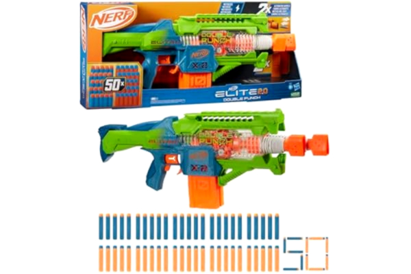 NERF  motordriven elite 2.0 double punch-dartblaster, snabbväxlande pipor, 50 elite-darts, 2 magasin som rymmer 10 darts var, från 8 år