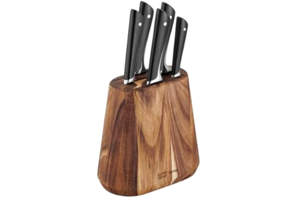Tefal TEFAL K267S655 Jamie Olivier knivblock i 5 delar, 5 köksknivar + träknivblock, hög skärprestanda, unik design, robusta och hållbara blad, brun/svart