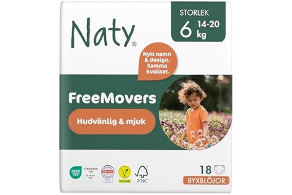 Naty  FreeMovers Byxblöjor | Certifierade för Känslig Hud | Mjuka, Oparfymerade, för Potträning | Absorberande & Läckagesäkra | Baby & Barn | Storlek 6 (14–20 kg), 22-pack