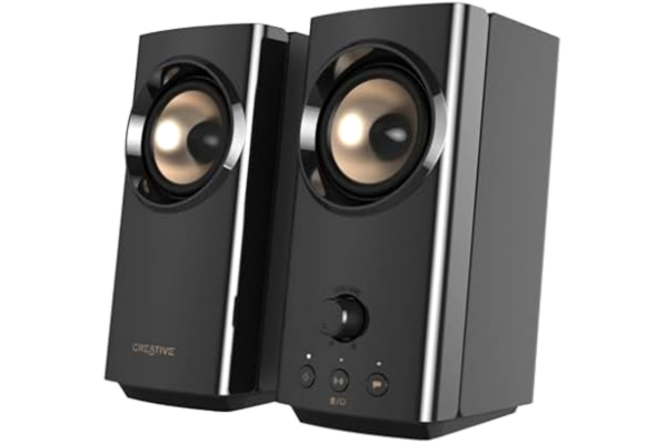 Creative  T60 2.0 Hi-Fi-PC-högtalare, USB-C-ljud, mikrofon, hörlursanslutning, Bluetooth 5.0, 3,5 mm AUX-In, 60 W toppeffekt, för PC, bärbar dator, MAC