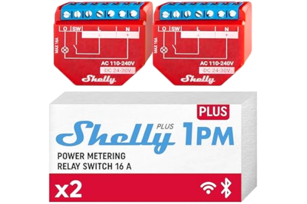 Shelly  Plus 1PM - WiFi Trådlös Reläbrytare Modul med Energikostnadsmätare, 1 väg, Ljusströmbrytare, Kompatibel med Alexa & Google Home, Röst- och appkontroll - 2 Stycken