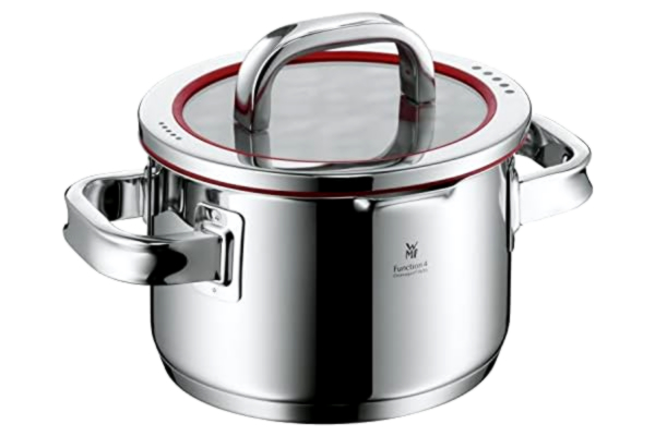 WMF  Cookware Ø 16 cm Approx. 1,9L Function 4 Inside Scaling Lid - Pour Off or Decant Liquids without Spilling to Keep Your Dishes and Cooker Clean. Made in Germany Hollow Side Handles Glass Lid Cromargan® Stainless Steel Brushed Suitabl